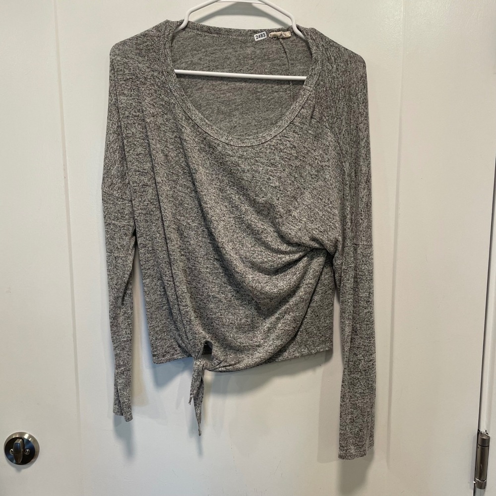 Caution To The Wind Grey Marl Side Tie Long Sleeve Knit Top Size L